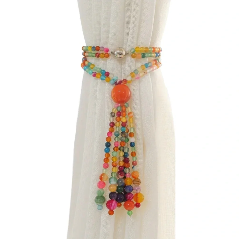 Multicolor Beaded Tassel Curtain Tie-Back w Magnetic Closure